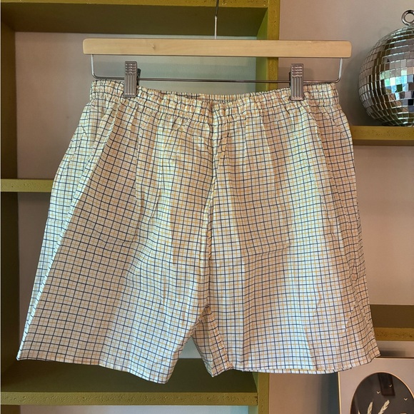Pants - Checked Elastic Waist Shorts in White Navy Yellow & Blue